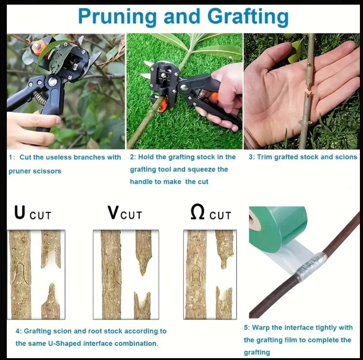 Garden Grafting Tool Kit - Gardening Pruning Shears Set, for Plant Branches and Fruit Tree Pruning, Including Grafting Tape, Grafting Knife and 3 Replacement Blades, Metal and Plastic, Grafting Film. Manual Operation